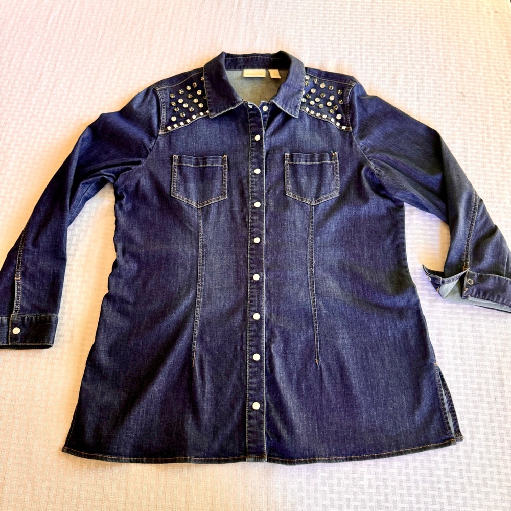 Chico's Western Rhinestone Denim Shirt Jacket Dark Wash Crystal Embellished Sz 2